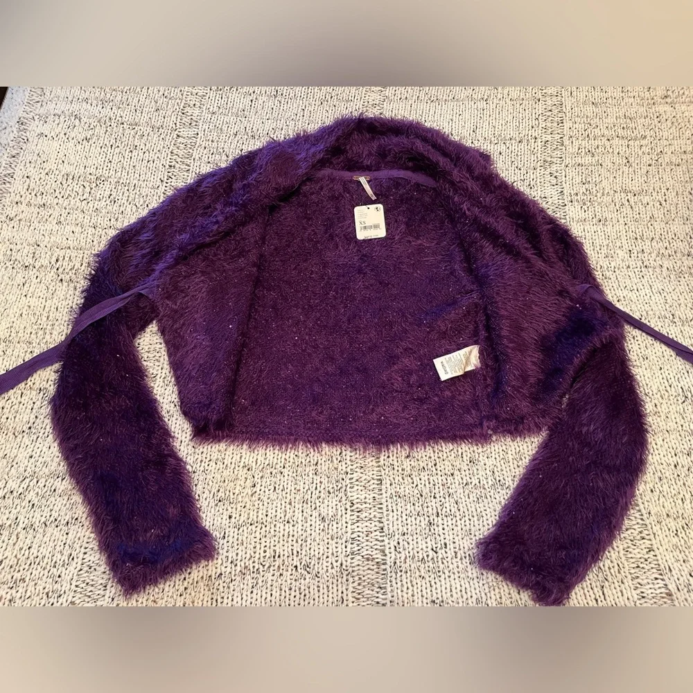 Free People Mina Cardigan Eyelash Knit Cropped Sweater in Purple, Size XS, NWT